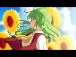  1girl ascot blue_sky cato_(monocatienus) clouds commentary_request flower green_hair kazami_yuuka letterboxed long_hair looking_at_viewer open_clothes open_vest red_eyes sky smile solo sunflower touhou upper_body vest wind 
