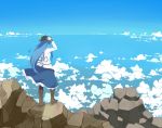 1girl blue_hair boots clouds hat hinanawi_tenshi holding holding_hat loco_65_o1o1 mountain rock skirt sky solo touhou wind