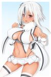  1girl absol black_hair blush breasts dark_skin highres large_breasts long_hair multicolored_hair natsuki_straight navel open_mouth personification pokemon pokemon_(game) red_eyes side_ponytail simple_background solo tail thigh-highs white_background white_hair white_legwear 
