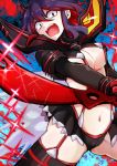  breasts kawati kill_la_kill living_clothes matoi_ryuuko midriff multicolored_hair navel purple_hair redhead revealing_clothes scissor_blade senketsu short_hair skirt sparkle splatter suspenders thigh-highs two-tone_hair under_boob 