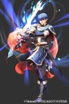  1boy armor blue_eyes blue_hair cape falchion_(fire_emblem) fire_emblem fire_emblem:_mystery_of_the_emblem fire_emblem_cipher full_body gloves looking_at_viewer male_focus marth official_art short_hair simple_background solo sword tiara weapon 