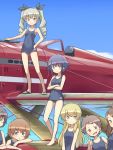  6+girls airplane anchovy aqua_eyes bare_legs blonde_hair blue_eyes blush braid brown_hair carpaccio crossed_arms drill_hair girls_und_panzer green_hair hair_ribbon jpeg_artifacts kuinji_51go long_hair looking_at_viewer multiple_girls pepperoni_(girls_und_panzer) pink_hair ribbon sandals school_swimsuit short_hair sky smile standing swimsuit twin_drills twintails v yellow_eyes 