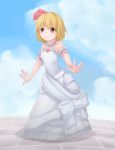  1girl absurdres alternate_costume arched_back arm_garter blonde_hair blue_sky choker clouds dress hair_ribbon heart highres looking_at_viewer outstretched_arms pavement red_eyes ribbon rumia short_hair shou_(ahiru_shinobu) sky smile solo spread_arms strapless_dress touhou white_dress 