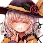  1girl bebitera closed_eyes facing_viewer flower hat hat_flower hat_ribbon heart heart_of_string index_finger_raised komeiji_koishi red_rose ribbon rose short_hair simple_background smile solo third_eye touhou upper_body white_background white_hair 