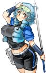  1girl black_shorts blue_hair blush character_request copyright_request cropped_jacket sachito short_hair short_sleeves shorts simple_background solo sword violet_eyes weapon white_background 
