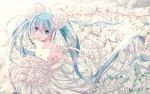  1girl aqua_eyes aqua_hair bouquet dress elbow_gloves flower from_above gloves hair_flower hair_ornament hatsune_miku highres long_hair rose shijuu_hachi solo strapless_dress twintails very_long_hair vocaloid wedding_dress white_dress white_gloves white_rose 