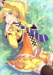  1girl ayase_eli blonde_hair blue_eyes blush chiigo earrings jewelry looking_at_viewer love_live!_school_idol_project lying necktie on_back open_mouth petals ponytail short_hair skirt smile solo waving 