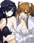  2girls bare_shoulders blue_eyes blue_hair breasts brown_eyes brown_hair capelet choker cleavage crop_top elbow_gloves gloves hat locked_arms multiple_girls ogiso_setsuna peaked_cap pupps simple_background touma_kazusa two_side_up upper_body white_album_2 white_background white_gloves 