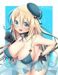  1girl 2015 :d atago_(kantai_collection) bikini black_gloves blonde_hair blush breasts dated gloves hand_on_hip hat hattori_(junoct2000) huge_breasts kantai_collection large_breasts long_hair looking_at_viewer open_mouth sarong smile solo strap_gap swimsuit thigh_gap 