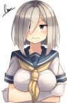  1girl blush breast_hold breasts gloves hair_over_one_eye hamakaze_(kantai_collection) highres jitome kantai_collection plan_(planhaplalan) school_uniform serafuku short_hair short_sleeves signature silver_hair simple_background solo upper_body white_background white_gloves 