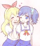  2girls :d ;d ^_^ aikatsu! blonde_hair blue_eyes blue_hair blush closed_eyes hair_ribbon hairband hand_on_own_shoulder hands_on_another&#039;s_shoulders holding_hands hoshimiya_ichigo kiriya_aoi long_hair multiple_girls nae_(rno) one_eye_closed open_mouth ribbon school_uniform scrunchie short_sleeves smile 