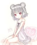  1girl animal_ears babydoll blush hibanar highres looking_at_viewer mouse_ears nazrin red_eyes short_hair silver_hair simple_background sitting sketch solo strap_slip touhou underwear underwear_only white_background yes-no_pillow 