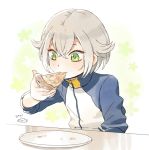  1boy alternate_costume eating food green_eyes hair_flaps hotarumaru male_focus mizuhara_aki pizza short_hair slice_of_pizza solo touken_ranbu track_jacket 