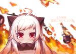  1girl absurdres ahoge blurry depth_of_field dress fire highres horns kantai_collection long_hair looking_at_viewer northern_ocean_hime pale_skin parted_lips red_eyes shinkaisei-kan sugar_sound tears translation_request white_dress white_hair 