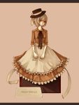  1girl brown_shirt brown_skirt clona commentary_request food frilled_skirt frills frown hat hat_ribbon lace-trimmed_ribbon letterboxed necktie personification profiterole ribbon sepia sepia_background shirt simple_background skirt skirt_set solo sweets 