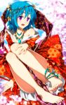  1girl anklet bare_legs barefoot blue_hair cherry_blossoms circlet fang feet japanese_clothes jewelry kimono necklace off_shoulder original sazanami_mio short_hair solo violet_eyes 
