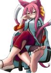  animal_ears barefoot blazblue bracelet candy capri_pants cat_ears cat_tail crossed_legs feet glasses jewelry kasupikai kokonoe lollipop long_hair pants pink_hair pov_feet sandals single_sandal single_shoe sitting soles tail toes yellow_eyes 