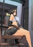  &gt;:) 1girl ass bangs bar bare_legs bare_shoulders black_hair black_skirt bottle breasts brown_eyes brown_gloves chair crop_top elbow_gloves eyes_visible_through_hair final_fantasy final_fantasy_vii fingerless_gloves from_side gloves highres large_breasts long_hair looking_at_viewer looking_back menu microskirt midriff nac000 on_table panties panty_peek shelf shiny shiny_clothes shoe_soles sitting skirt smirk solo suspenders table taut_clothes taut_skirt thighs tifa_lockhart underwear white_panties 
