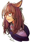  1girl animal_ears brown_hair cat_ears dated earrings final_fantasy final_fantasy_xiv glasses jewelry lips miqo&#039;te red-framed_glasses retsuna signature sketch smile solo upper_body white_background yellow_eyes 