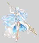  1girl absurdres anklet aqua_(fire_emblem_if) barefoot blue_hair dress elbow_gloves fire_emblem fire_emblem_if gloves hair_between_eyes hairband highres jewelry kozaki_yuusuke long_hair looking_at_viewer necklace official_art polearm ribbon spear veil very_long_hair weapon yellow_eyes 