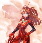  1girl bangs blue_eyes bodysuit bracer breasts contrapposto cowboy_shot eva_02 from_side gloves hair_ornament hand_on_own_thigh holding holding_weapon lance_of_longinus light_smile long_hair mecha neon_genesis_evangelion number orange_hair pilot_suit plugsuit polearm silhouette solo souryuu_asuka_langley spear takoyaki_neko-san turtleneck two_side_up weapon 