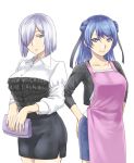  2girls apron blouse breasts contemporary cowboy_shot double_bun frills hair_ornament hair_over_one_eye hairclip hamakaze_(kantai_collection) ishii_hisao kantai_collection looking_at_viewer multiple_girls older pencil_skirt short_hair silver_hair simple_background skirt smile urakaze_(kantai_collection) white_background 