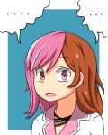  ... 1girl blue_background brown_eyes brown_hair heterochromia jewelry lunarisaileron multicolored_hair necklace neo_(rwby) no_nose open_mouth pink_eyes pink_hair rwby solo speech_bubble spoken_ellipsis sweatdrop two-tone_hair 