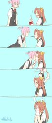  /\/\/\ 2014 2girls ahoge artist_name blue_eyes blush box brown_hair chocolate closed_eyes comic covering covering_face dated gloves hair_ornament hair_ribbon highres kagerou_(kantai_collection) kantai_collection kirisaki_akihito kiss long_hair mouth_hold multiple_girls musical_note o_o open_mouth pink_hair pocky ponytail ribbon school_uniform serafuku shiranui_(kantai_collection) short_hair simple_background sitting skirt spoken_musical_note surprised twintails violet_eyes white_gloves 