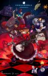  1girl andy_anvil avery_(skullgirls) bow cigar cup dress george_the_bomb gloves grin gun hat lenny_the_bomb mechanical_arms one_eye_closed orange_hair peacock_(skullgirls) pie red_eyes revolver sharp_teeth short_hair skullgirls smile teacup television tommy_ten-tons top_hat weapon yoinews1023 