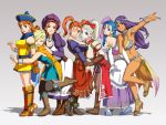  6+girls :d alena_(dq4) arm_hug armlet armor armored_dress bianca blonde_hair blue_eyes blue_hair boots bow bracelet braid breasts brown_eyes brown_hair cape choker circlet cleavage curly_hair dark_skin dragon_quest dragon_quest_heroes dress earrings elbow_gloves flora gloves hair_between_eyes hair_bow hair_over_shoulder hat highres hug jessica_albert jewelry julietta_(dqh) large_breasts loincloth long_hair looking_at_viewer looking_back manya masayan_(minor-ms) meer_(dqh) midriff multiple_girls necklace no_legwear open_mouth orange_hair outstretched_arm pantyhose pelvic_curtain ponytail purple_hair red_eyes short_dress short_twintails single_braid smile thigh-highs twintails violet_eyes winking 