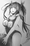  +_+ a430dp breasts i-19_(kantai_collection) kantai_collection large_breasts long_hair monochrome solo swimsuit symbol-shaped_pupils twintails 