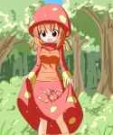 1girl forest hat highres mushroom nature open_mouth orange_hair paras personification pokemon red_clothes red_eyes skirt skirt_lift solo sws 