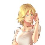  1girl blonde_hair green_eyes hair_tucking jewelry jinbao_zhaobo necklace short_hair summer_lesson upper_body white_background 