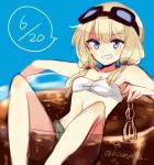  1girl blonde_hair blue_eyes bottle carla_j_luksic cup dated goggles goggles_on_head grin in_container in_cup kodamari long_hair low_twintails midriff smile solo strike_witches twintails 