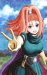  :d barbara belt cape dragon_quest dragon_quest_vi dress elbow_gloves gloves high_ponytail highres looking_at_viewer open_mouth redhead short_dress smile torahiko v violet_eyes whip 