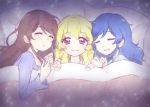  3girls aikatsu! alternate_hairstyle bed blonde_hair blue_hair brown_hair closed_eyes girl_sandwich hair_down happy hoshimiya_ichigo kiriya_aoi multiple_girls nae_(rno) open_mouth red_eyes sandwiched shibuki_ran sleeping smile under_covers 