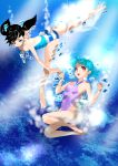  2girls absurdres air_bubble barefoot black_hair blue_eyes blue_hair blush breath bubble character_request coral freediving highres holding_breath multiple_girls ocean one-piece_swimsuit red_eyes short_twintails source_request swimming swimsuit twintails underwater water 