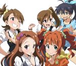  5girls antenna_hair aqua_eyes blue_eyes breasts brown_eyes brown_hair covering_mouth earrings fang futami_ami futami_mami ganaha_hibiki grin hairband hand_over_own_mouth highres hoodie hoop_earrings idolmaster jewelry long_hair looking_at_viewer minase_iori multiple_girls one_eye_closed orange_hair ponytail scrunchie short_hair side_ponytail simple_background smile takatsuki_yayoi tears twintails violet_eyes white_background yumekaranigeruna 