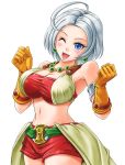  1girl :d ahoge armlet blue_eyes blush breasts character_request cleavage dragon_quest dragon_quest_x earrings gloves jewelry large_breasts looking_at_viewer midriff necklace open_mouth shimusu short_hair short_shorts shorts silver_hair smile solo white_background winking 
