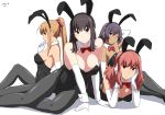  4girls animal_ears black_hair blonde_hair bowtie bunnysuit dark_skin detached_collar elbow_gloves gloves gogocurrry green_eyes grey_hair long_hair multiple_girls original pantyhose ponytail rabbit_ears red_eyes redhead wrist_cuffs 