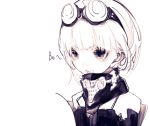  1girl bangs brown brown_eyes character_request copyright_request gas_mask goggles goggles_on_head looking_to_the_side monochrome pale_color payot riuichi simple_background sketch solo tagme upper_body white white_background white_hair 