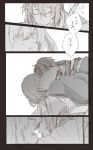  1boy 1girl blush closed_eyes comic enyon_moon5 fan female_saniwa_(touken_ranbu) hairband hetero incipient_kiss japanese_clothes kimono mikazuki_munechika monochrome open_mouth saniwa_(touken_ranbu) short_hair smile touken_ranbu translation_request 