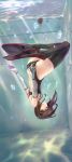 1girl absurdres armadillo-tokage ass black_legwear brown_eyes brown_hair bubble competition_swimsuit elbow_gloves flat_chest flippers gloves headgear highres kantai_collection one-piece_swimsuit pool short_hair solo swimsuit taihou_(kantai_collection) thigh-highs underwater underwear upside-down water white_gloves 