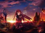  1girl arrow black_gloves black_legwear blood blood_on_face breasts breath clouds elbow_gloves elesis_(elsword) elsword gloves hagha long_hair planted_sword planted_weapon red_eyes redhead shield signature sitting sky solo sword thigh-highs twilight very_long_hair wariza weapon 