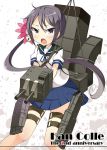  &gt;:o 1girl :o akebono_(kantai_collection) anniversary bell blush cannon flower hair_bell hair_flower hair_ornament kankitsunabe_(citrus) kantai_collection loafers long_hair machinery open_mouth petals pleated_skirt purple_hair school_uniform serafuku shoes side_ponytail skirt solo torpedo turret very_long_hair violet_eyes 