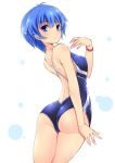  1girl ass bare_shoulders blue_eyes blue_hair competition_swimsuit cowboy_shot from_behind kamishiro_sui looking_at_viewer mutou_kurihito one-piece_swimsuit short_hair solo swimsuit tokyo_7th_sisters 