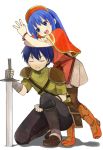  1boy 1girl :d armor black_legwear black_pants blue_hair boots bracelet capelet grin harukawa hat jewelry lilina ogier open_mouth oujay pants pantyhose shirt simple_background skirt smile sword weapon white_background 