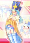  1girl alternate_costume blue_hair blue_legwear blue_panties blush dragon_quest dragon_quest_iii dress dress_lift garter_straps highres jewelry long_hair mitre necklace panties pearl_necklace priest_(dq3) red_eyes seiren_miraa solo thigh-highs underwear zoom_layer 