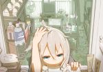  1girl aqua_eyes bag blonde_hair bottle braid computer computer_mouse egg fan hand_on_head ia_(vocaloid) laptop looking_at_viewer messy_room milk_carton napkin refrigerator solo sweat television tomioka_jirou twin_braids upper_body vocaloid 