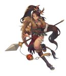  1girl bandaged_arm breasts brown_hair cleavage dress facial_mark forehead_jewel fur g.t green_eyes league_of_legends long_hair mask_on_head nidalee polearm short_hair smile solo spear standing_on_one_leg transparent_background very_long_hair weapon 